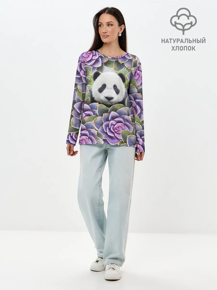Лонгслив женский. Хлопок / Панда среди цветов