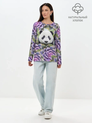 Лонгслив женский. Хлопок / Панда среди цветов