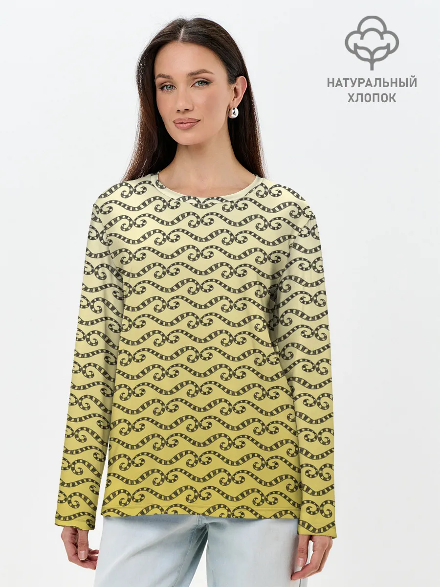 Лонгслив женский. Хлопок / рисованный узор усы червячки