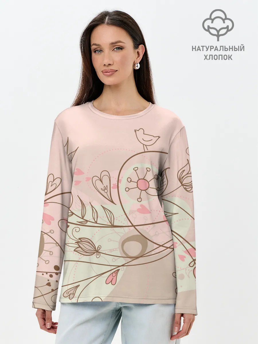 Лонгслив женский. Хлопок / Летний узор цветы птичка