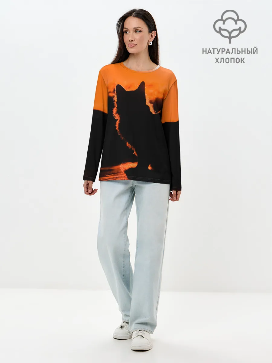 Лонгслив женский. Хлопок / Котенок на фоне заката