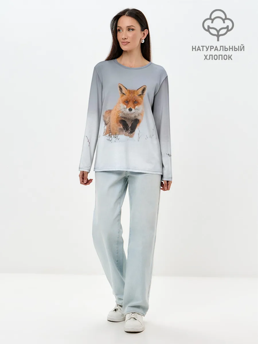 Лонгслив женский. Хлопок / Лисица прыгает по снегу