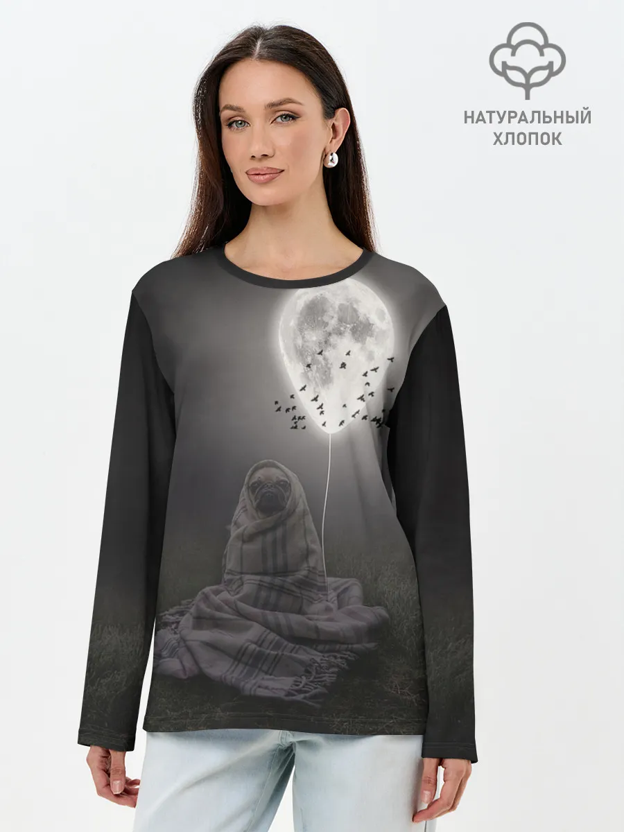 Лонгслив женский. Хлопок / Мопс и луна