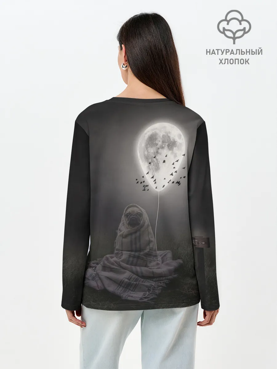 Лонгслив женский. Хлопок / Мопс и луна
