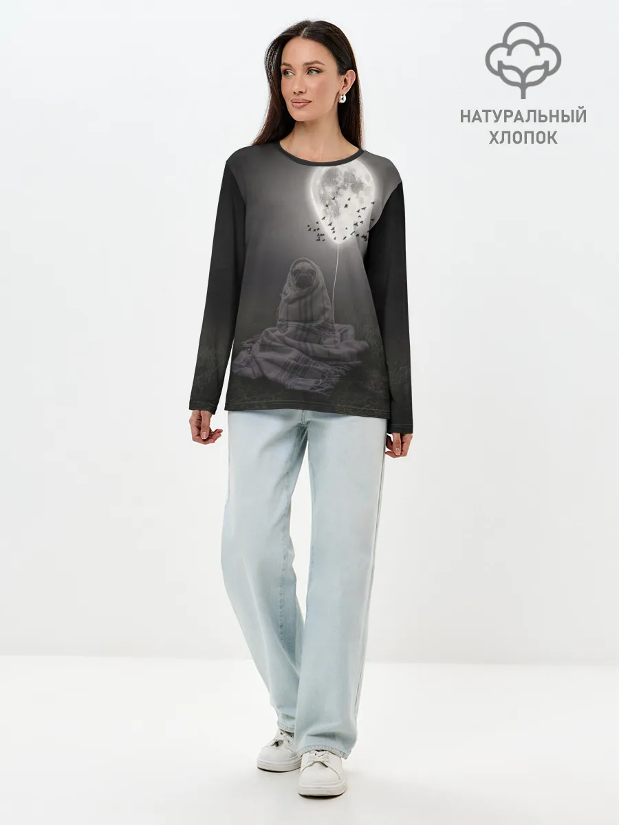 Лонгслив женский. Хлопок / Мопс и луна