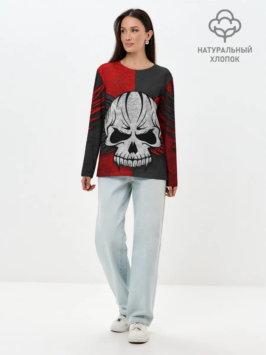 Лонгслив женский. Хлопок / Крылатый череп 3D