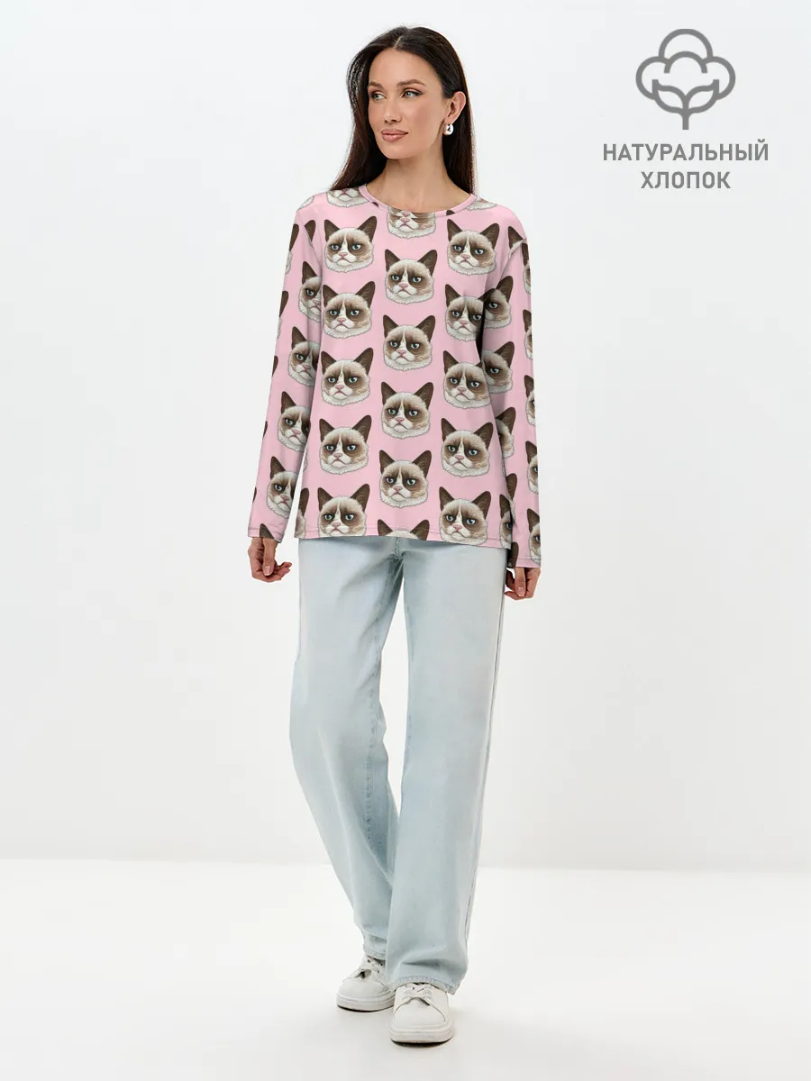 Лонгслив женский. Хлопок / Кот мемасик