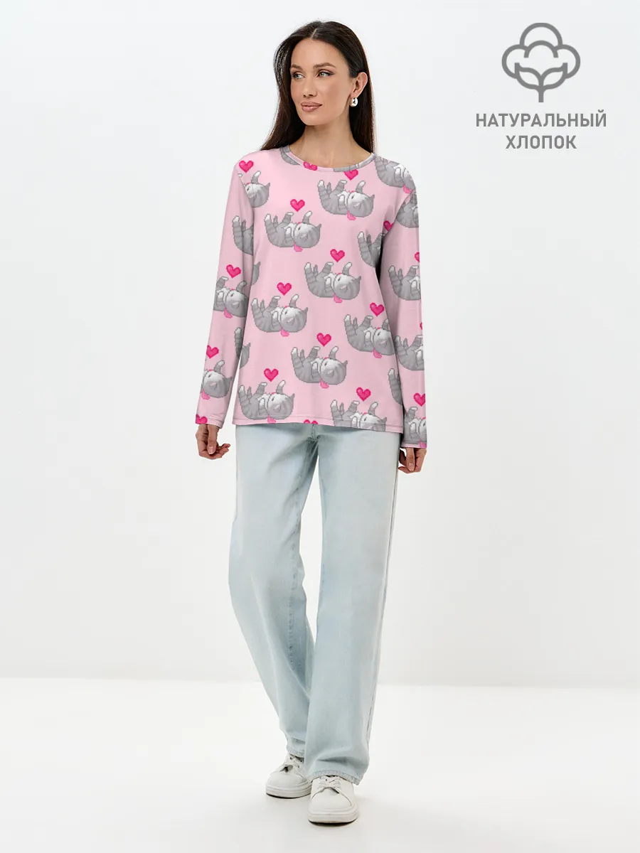 Лонгслив женский. Хлопок / Пиксельные котики