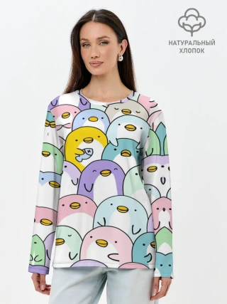 Лонгслив женский. Хлопок / Пингвины