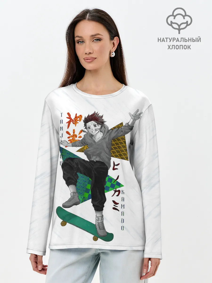 Лонгслив женский. Хлопок / Танджиро Камадо Kimetsu no Yaiba