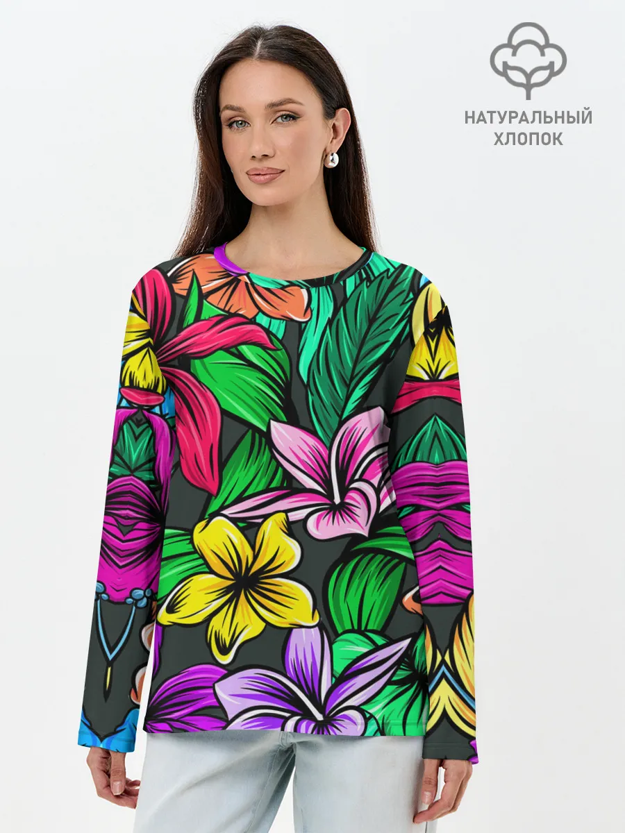 Лонгслив женский. Хлопок / Цветочный фон | Пляжная
