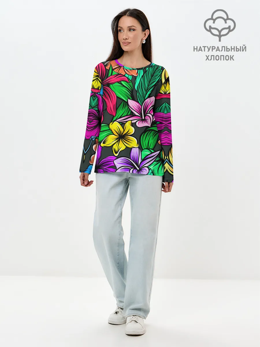 Лонгслив женский. Хлопок / Цветочный фон | Пляжная