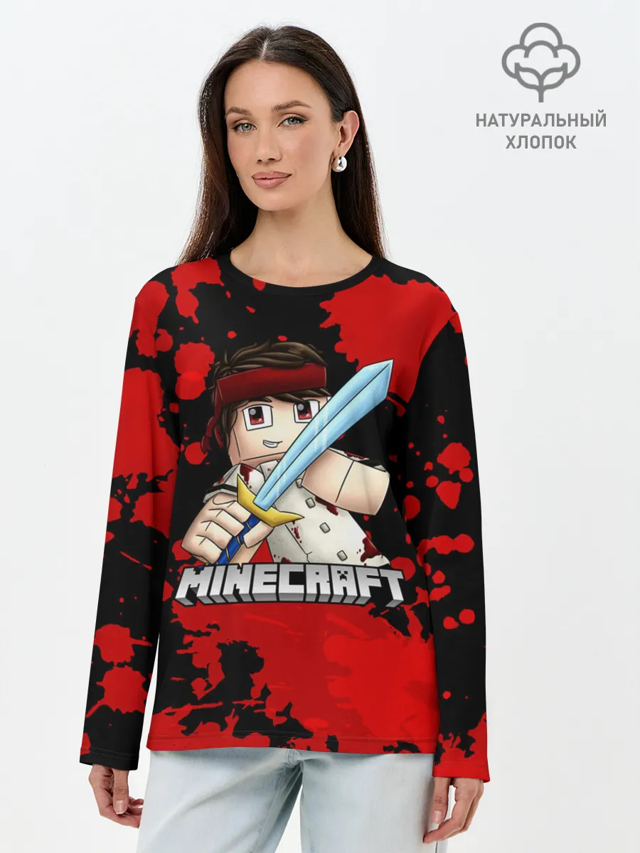 Лонгслив женский. Хлопок / Стив с мечом Minecraft