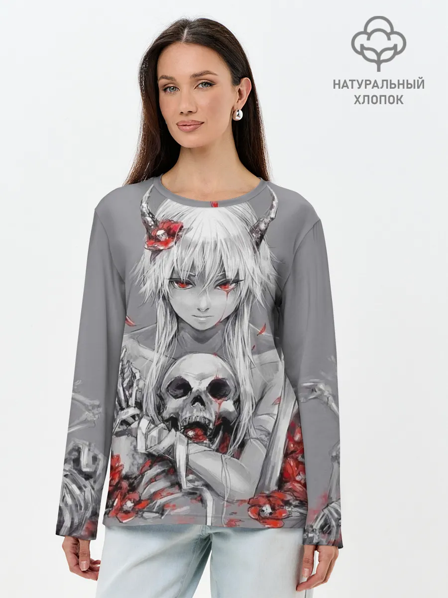 Лонгслив женский. Хлопок / Девушка с черепом
