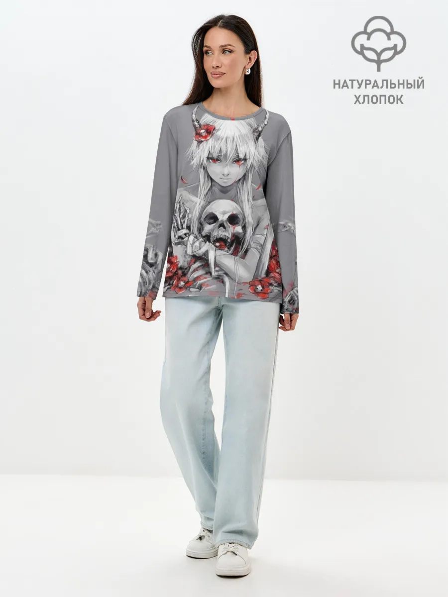 Лонгслив женский. Хлопок / Девушка с черепом