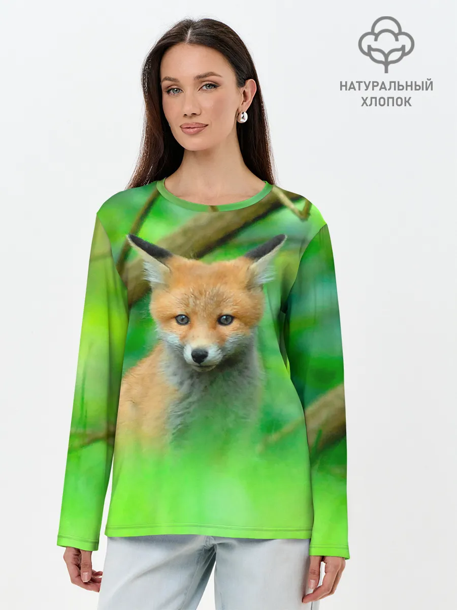 Лонгслив женский. Хлопок / Лисенок в зеленом лесу