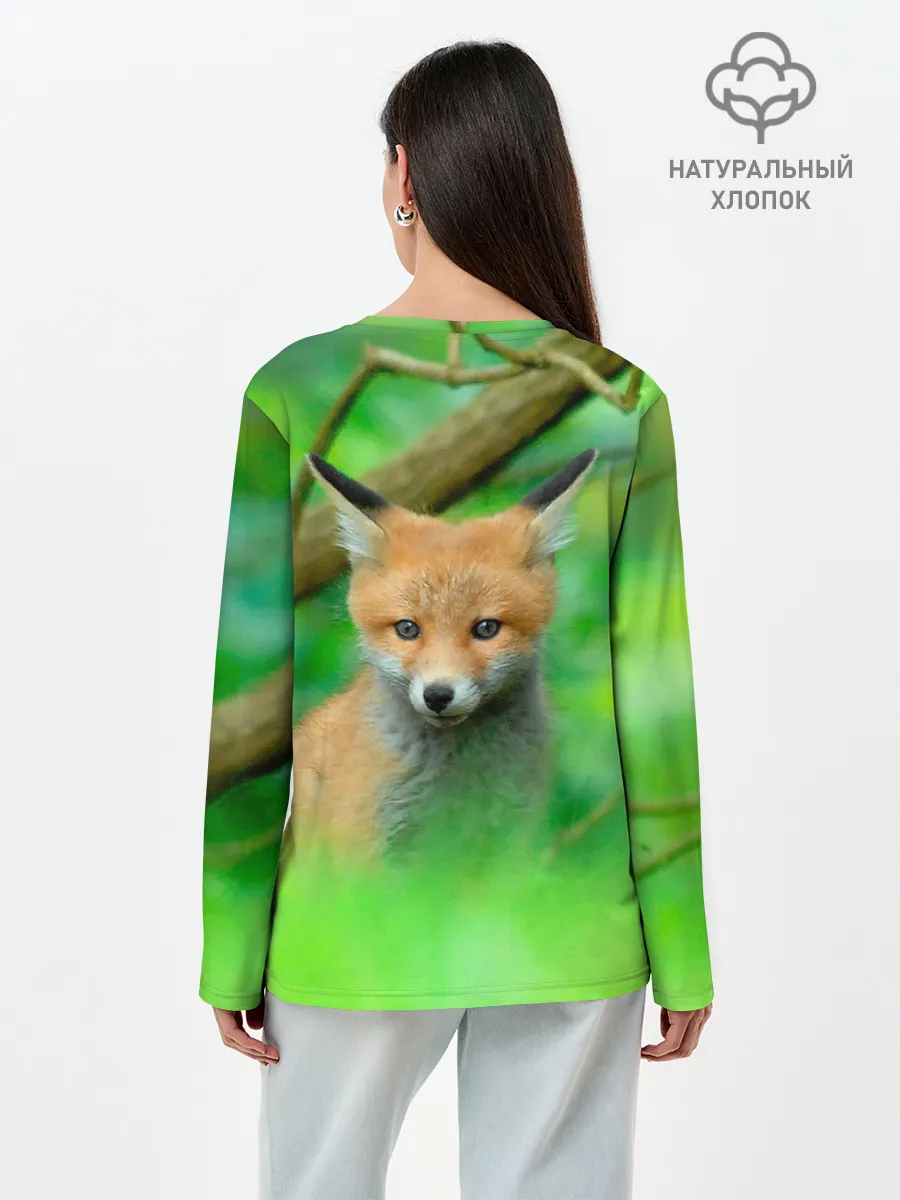 Лонгслив женский. Хлопок / Лисенок в зеленом лесу