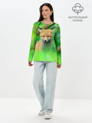 Лонгслив женский. Хлопок / Лисенок в зеленом лесу