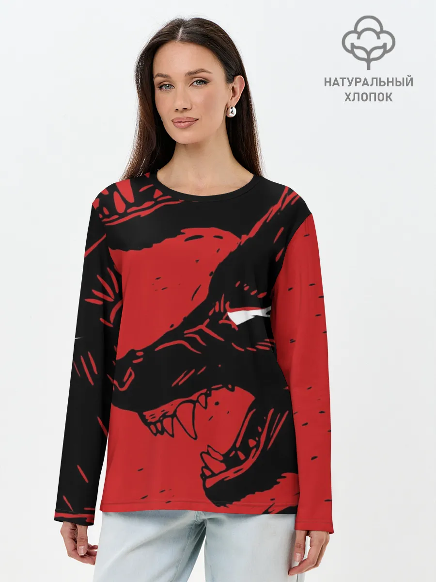 Лонгслив женский. Хлопок / Красный волк 3D