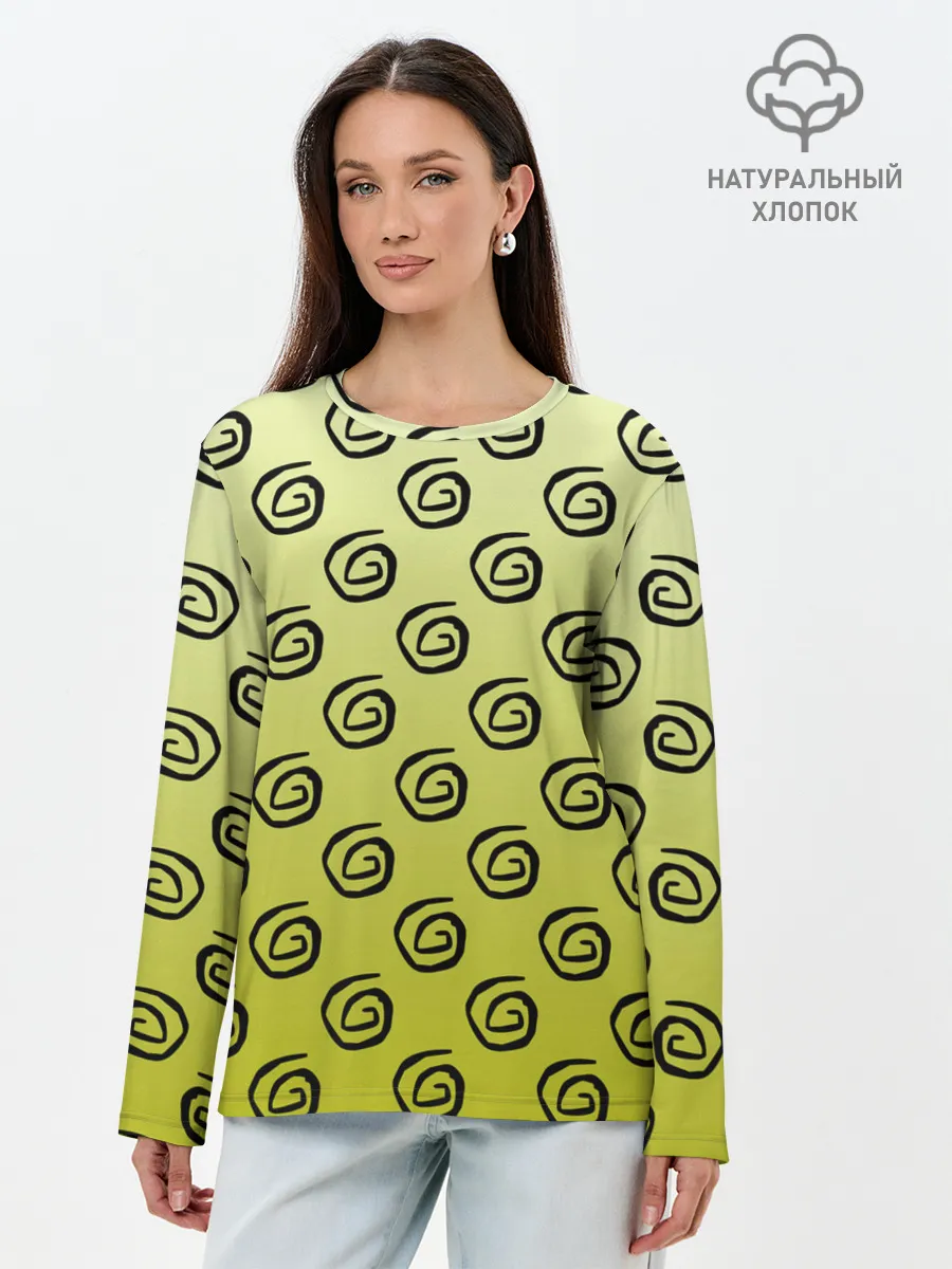 Лонгслив женский. Хлопок / узор спиральки на желтом фоне
