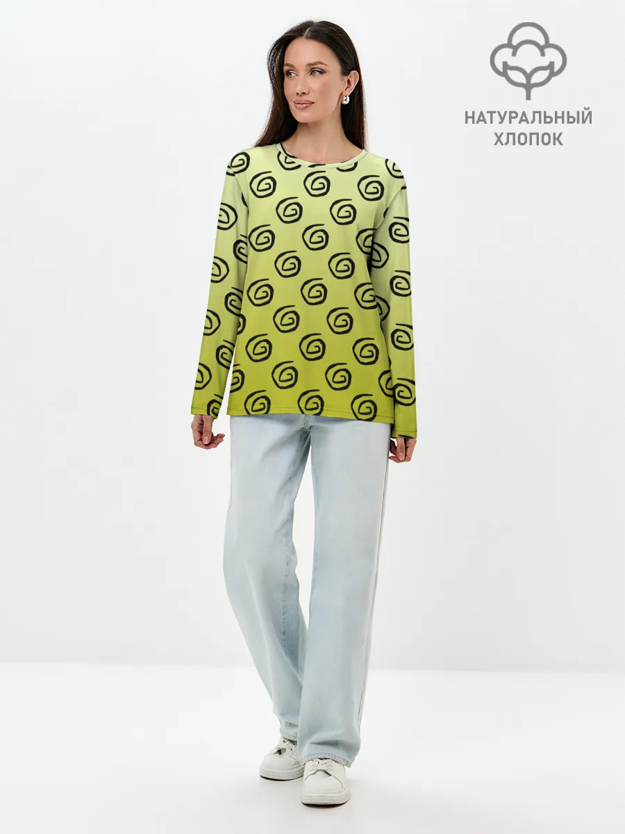 Лонгслив женский. Хлопок / узор спиральки на желтом фоне