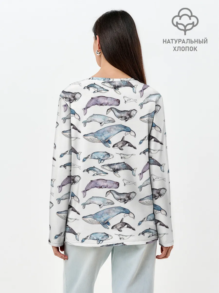 Лонгслив женский. Хлопок / киты паттерн