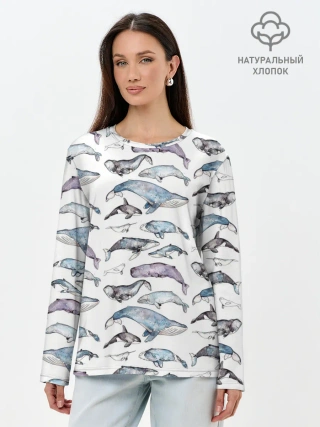 Лонгслив женский. Хлопок / киты паттерн
