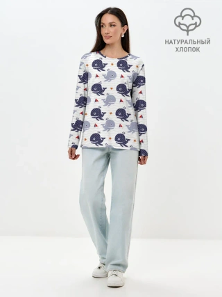 Лонгслив женский. Хлопок / Киты и яхты