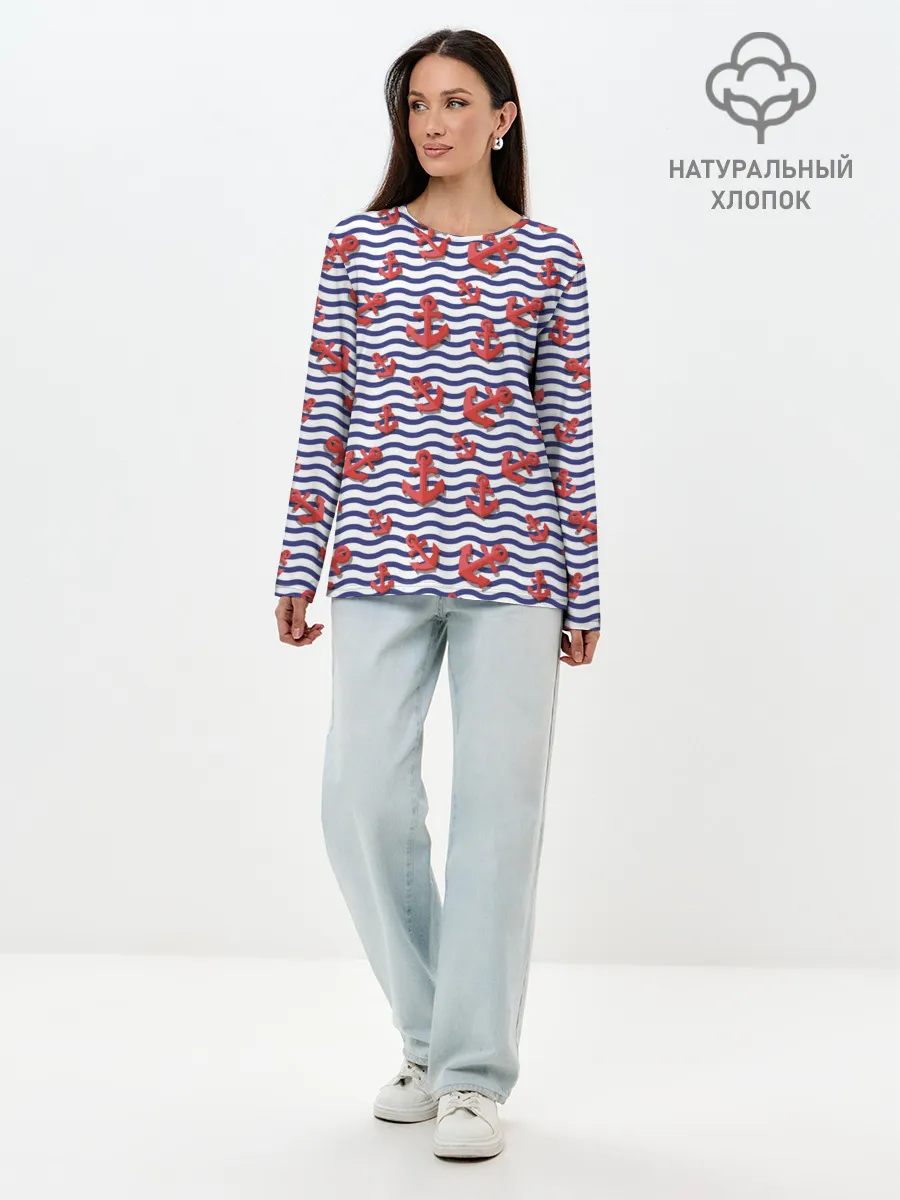 Лонгслив женский. Хлопок / Красные якоря