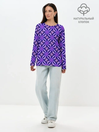 Лонгслив женский. Хлопок / Синие острые узоры
