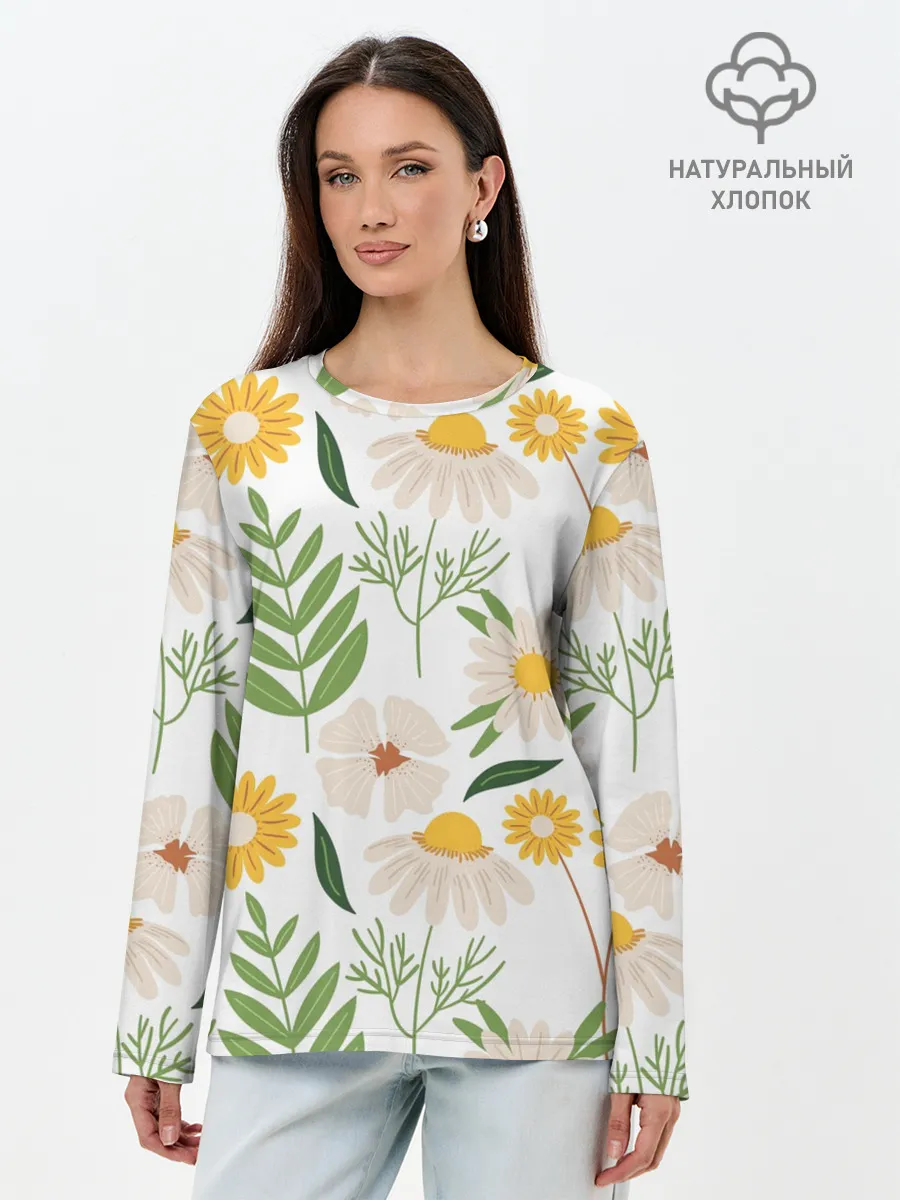 Лонгслив женский. Хлопок / Цветы и листья