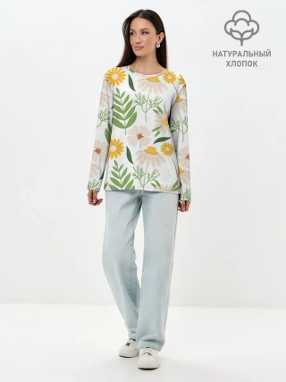 Лонгслив женский. Хлопок / Цветы и листья