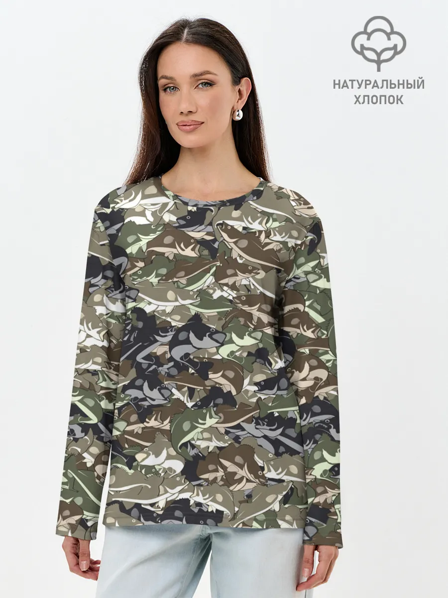 Лонгслив женский. Хлопок / Камуфляж для рыбака