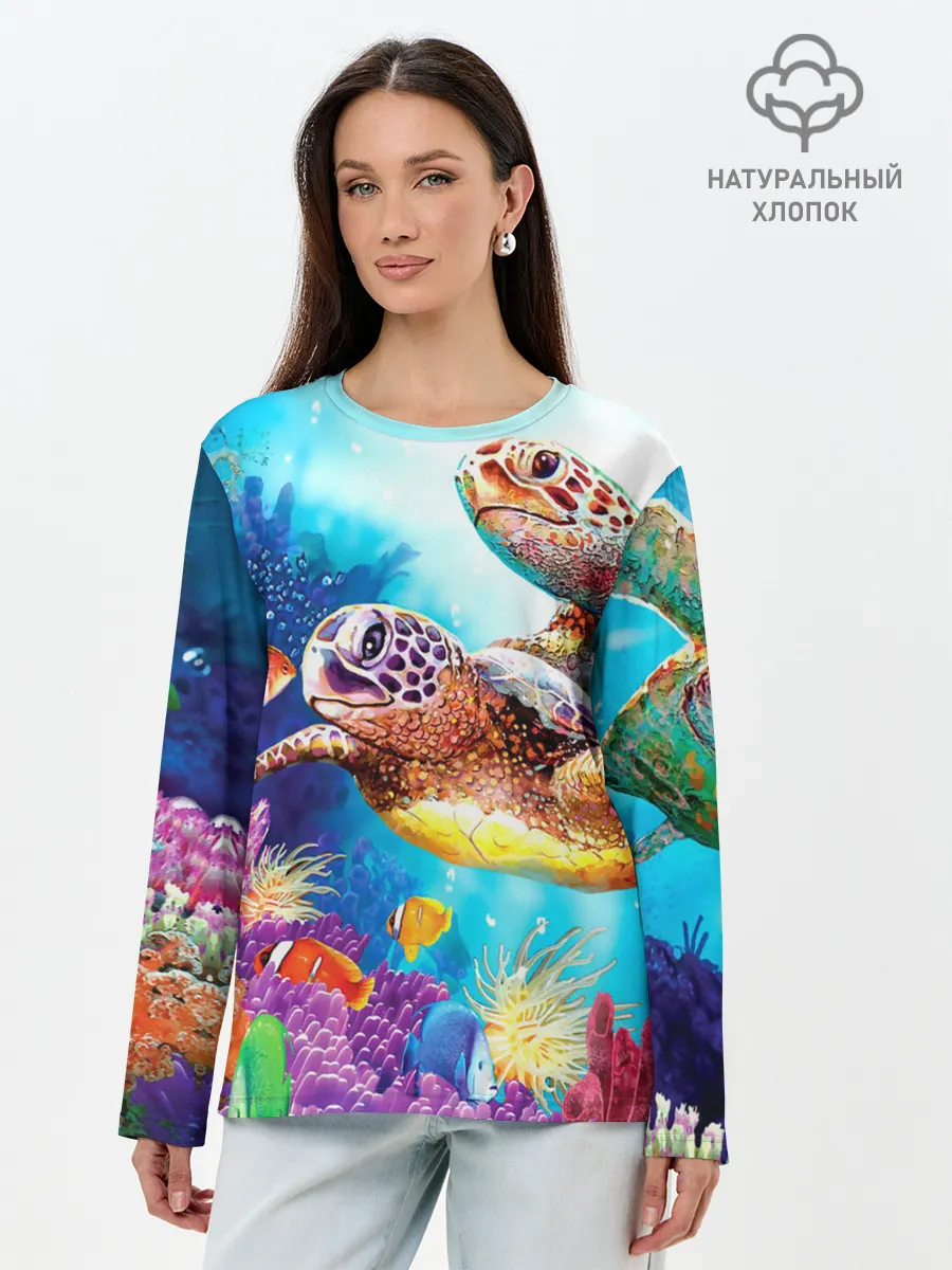 Лонгслив женский. Хлопок / Морские черепахи