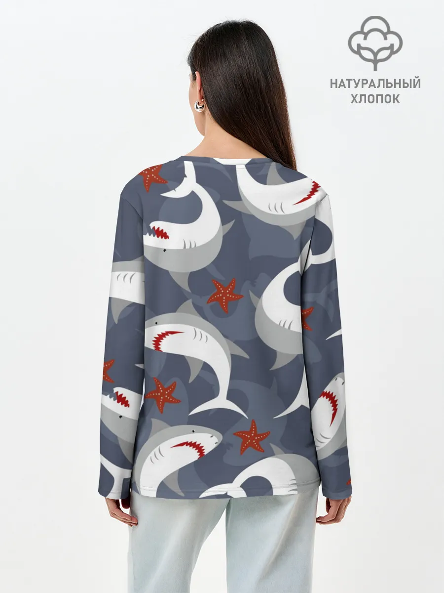 Лонгслив женский. Хлопок / Акулы