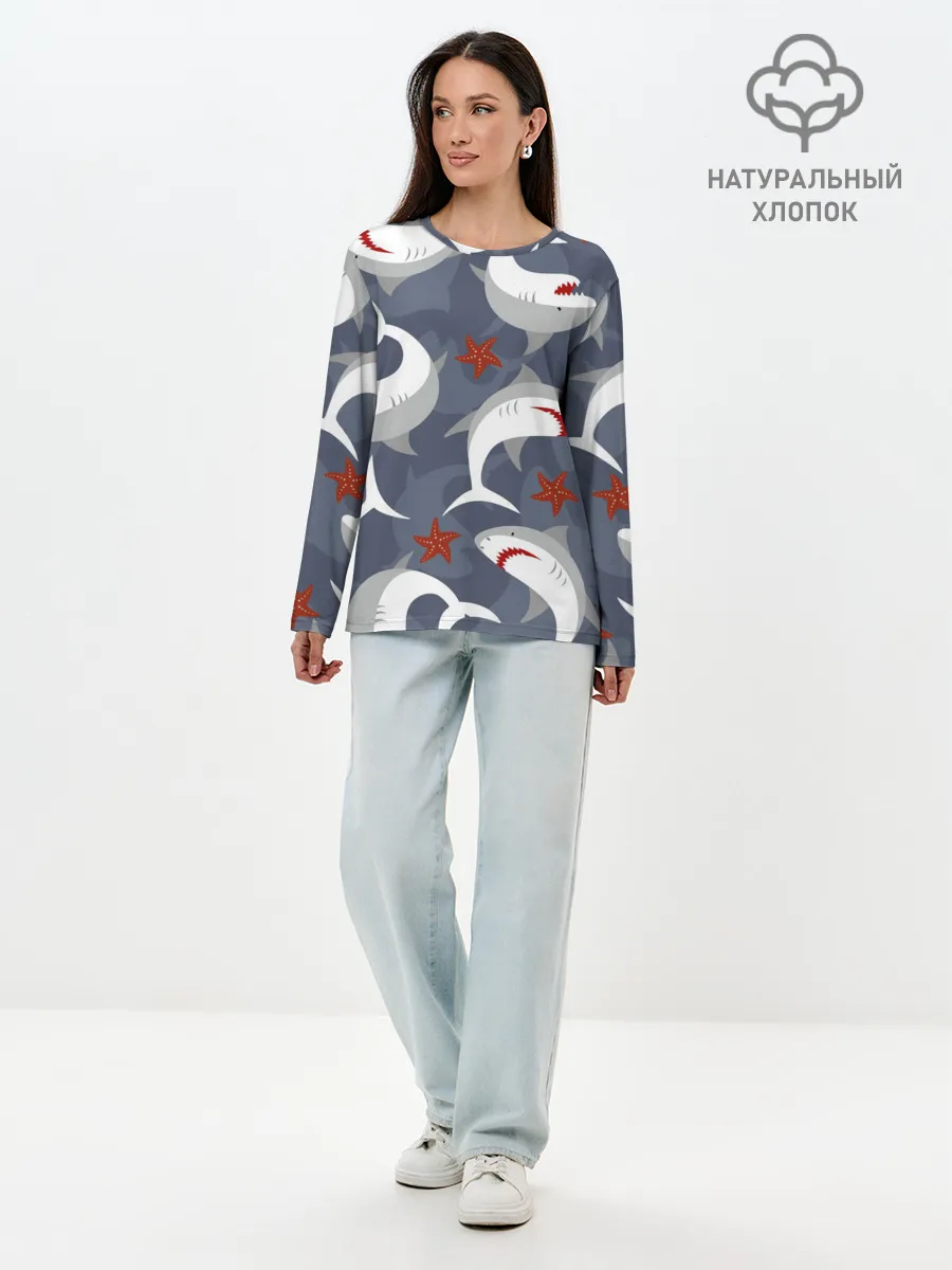 Лонгслив женский. Хлопок / Акулы