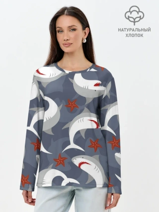 Лонгслив женский. Хлопок / Акулы