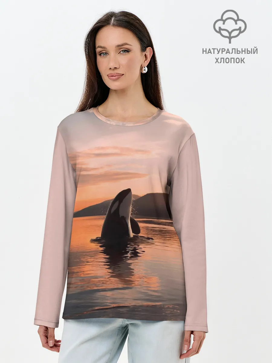 Лонгслив женский. Хлопок / касатки на закате