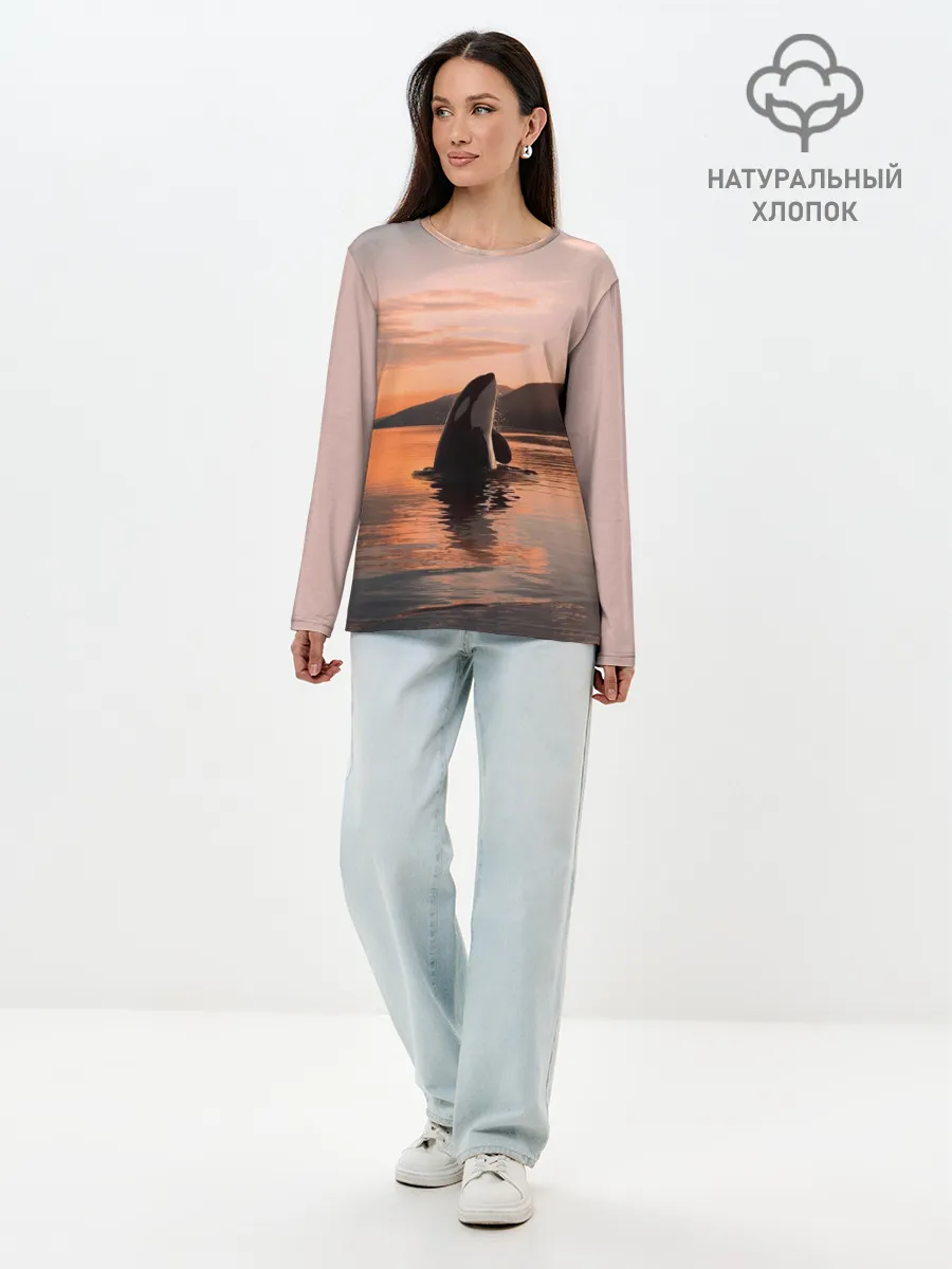 Лонгслив женский. Хлопок / касатки на закате