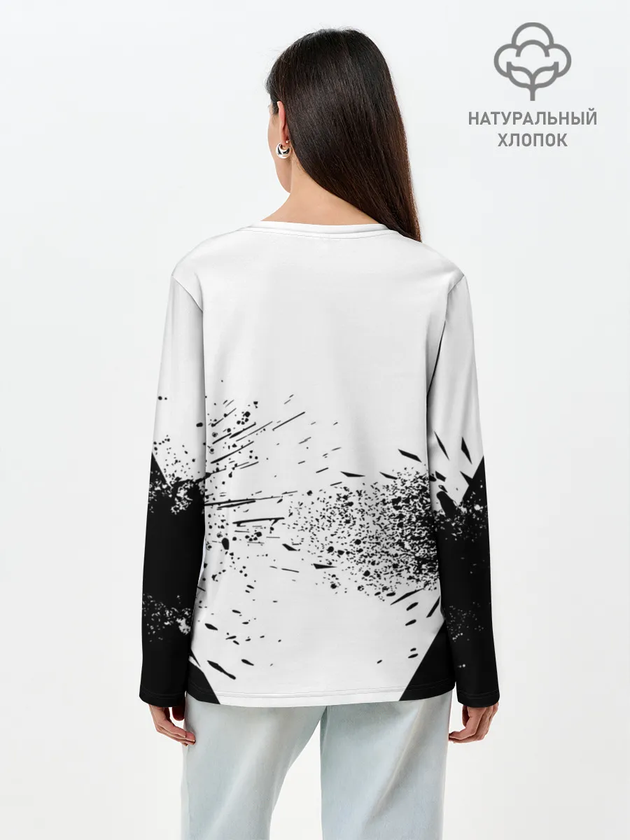 Лонгслив женский. Хлопок / Чёрный клевер с иероглифами