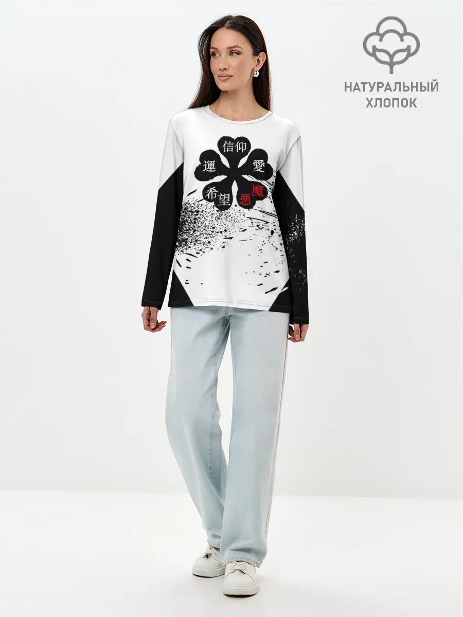 Лонгслив женский. Хлопок / Чёрный клевер с иероглифами