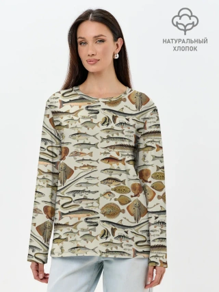 Лонгслив женский. Хлопок / рыбный паттерн