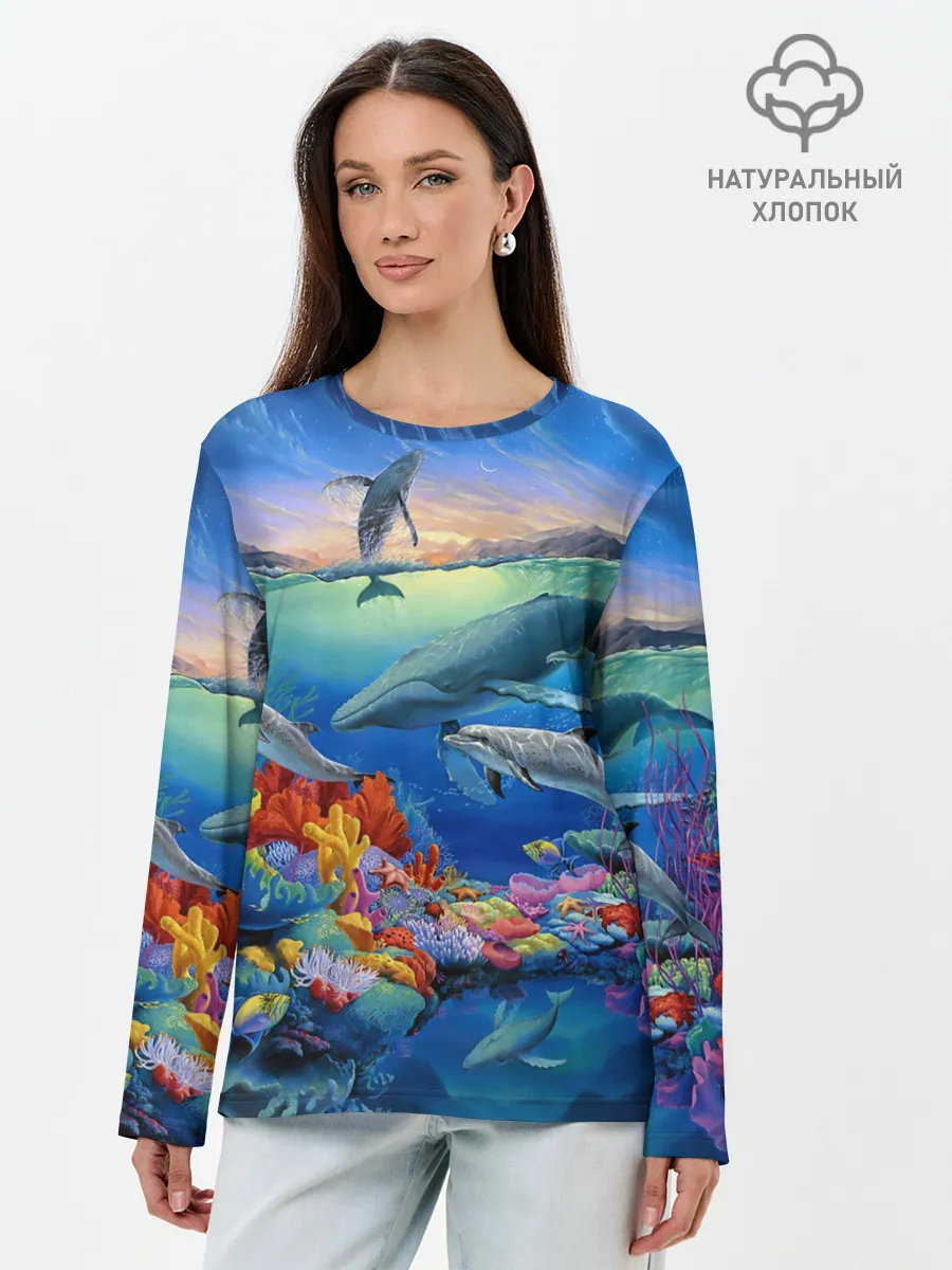 Лонгслив женский. Хлопок / Киты и дельфины