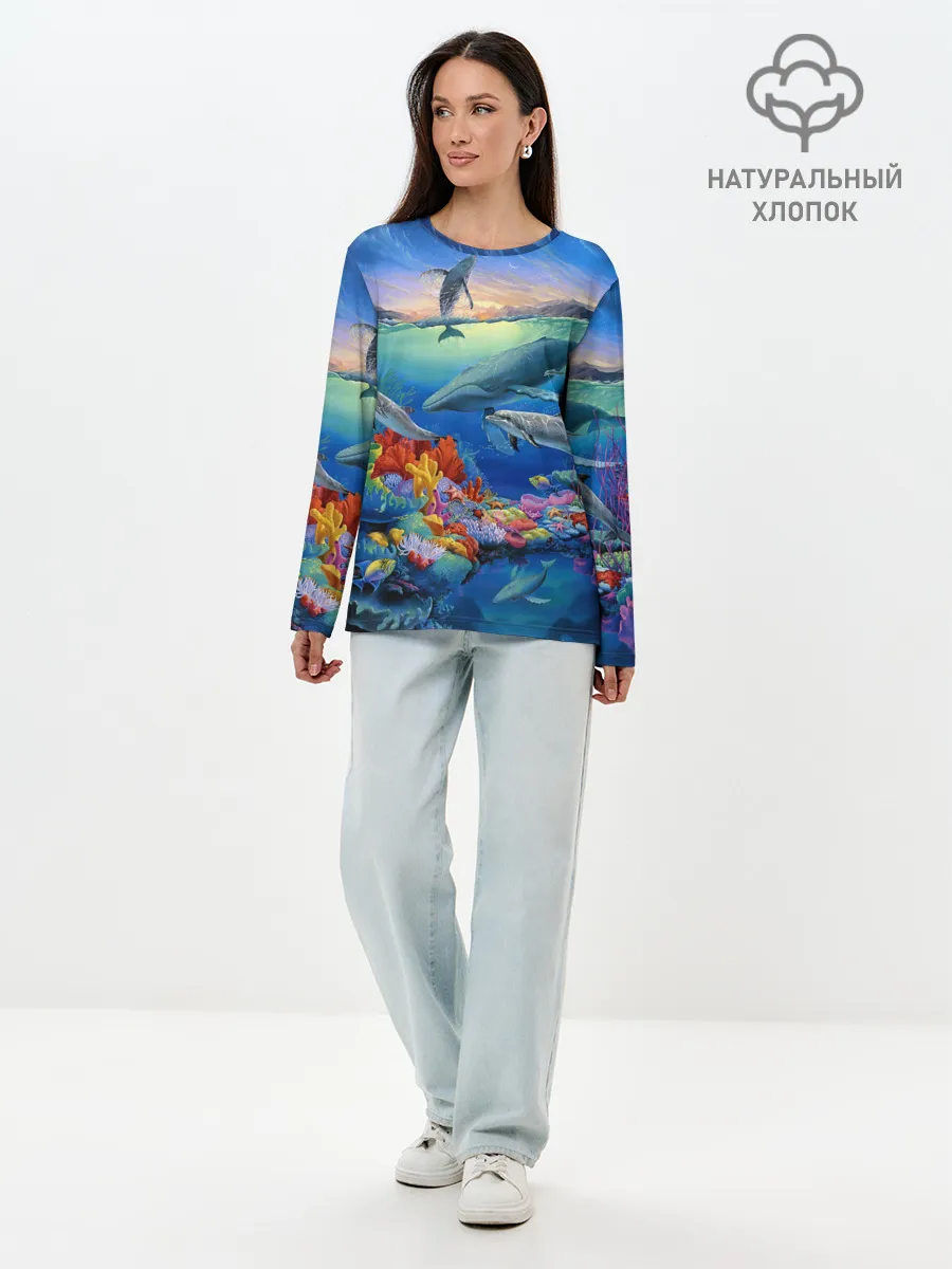 Лонгслив женский. Хлопок / Киты и дельфины