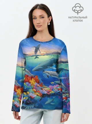 Лонгслив женский. Хлопок / Киты и дельфины