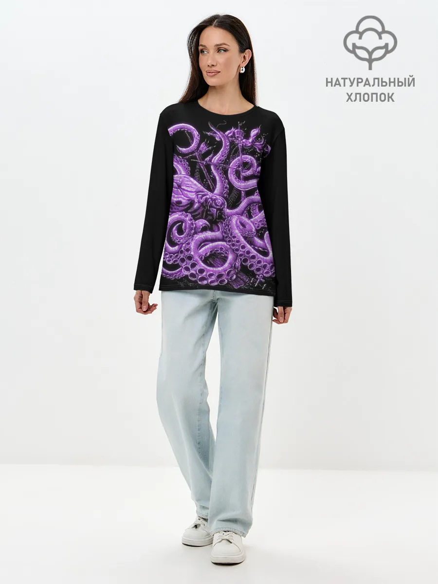 Лонгслив женский. Хлопок / Фиолетовый Кракен