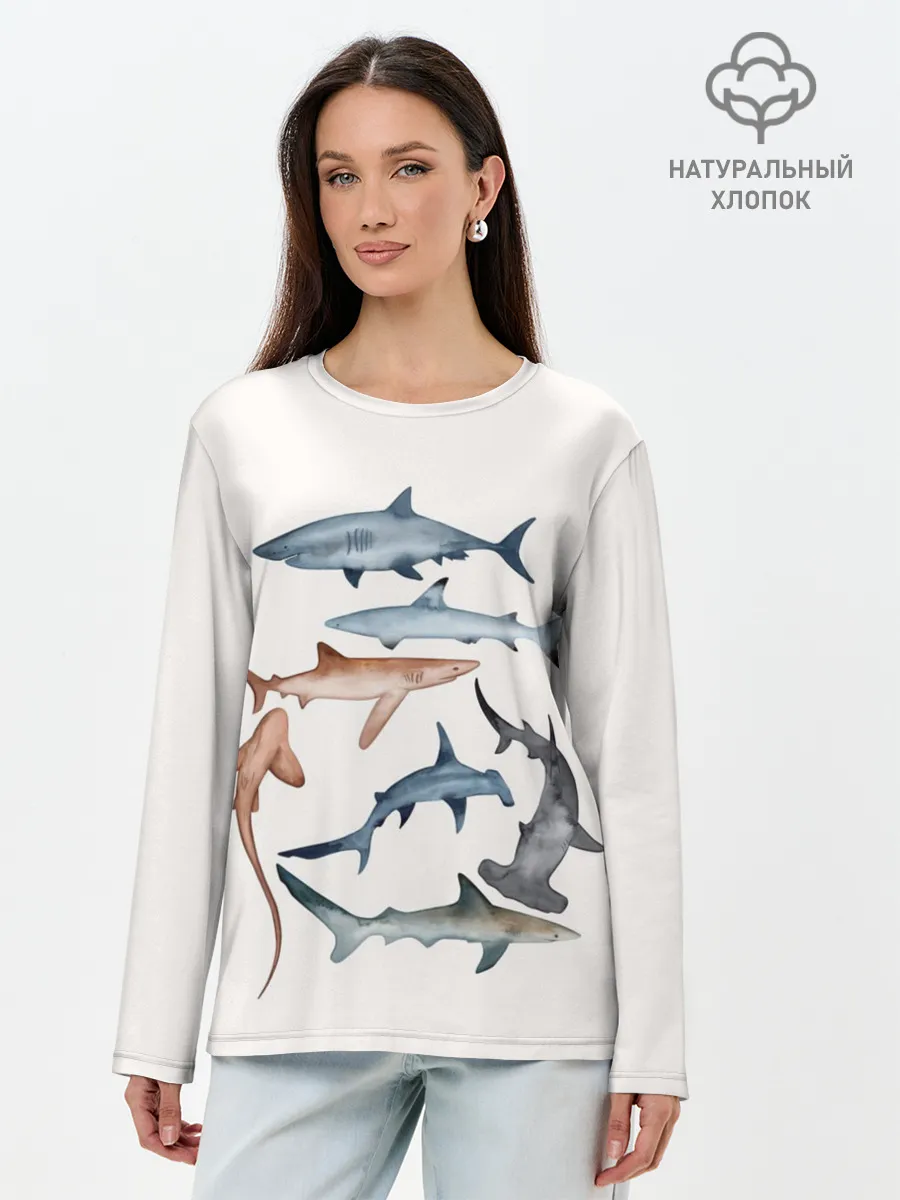 Лонгслив женский. Хлопок / акулы