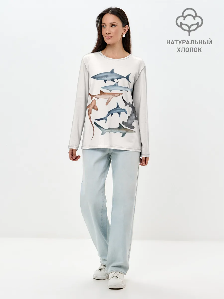 Лонгслив женский. Хлопок / акулы