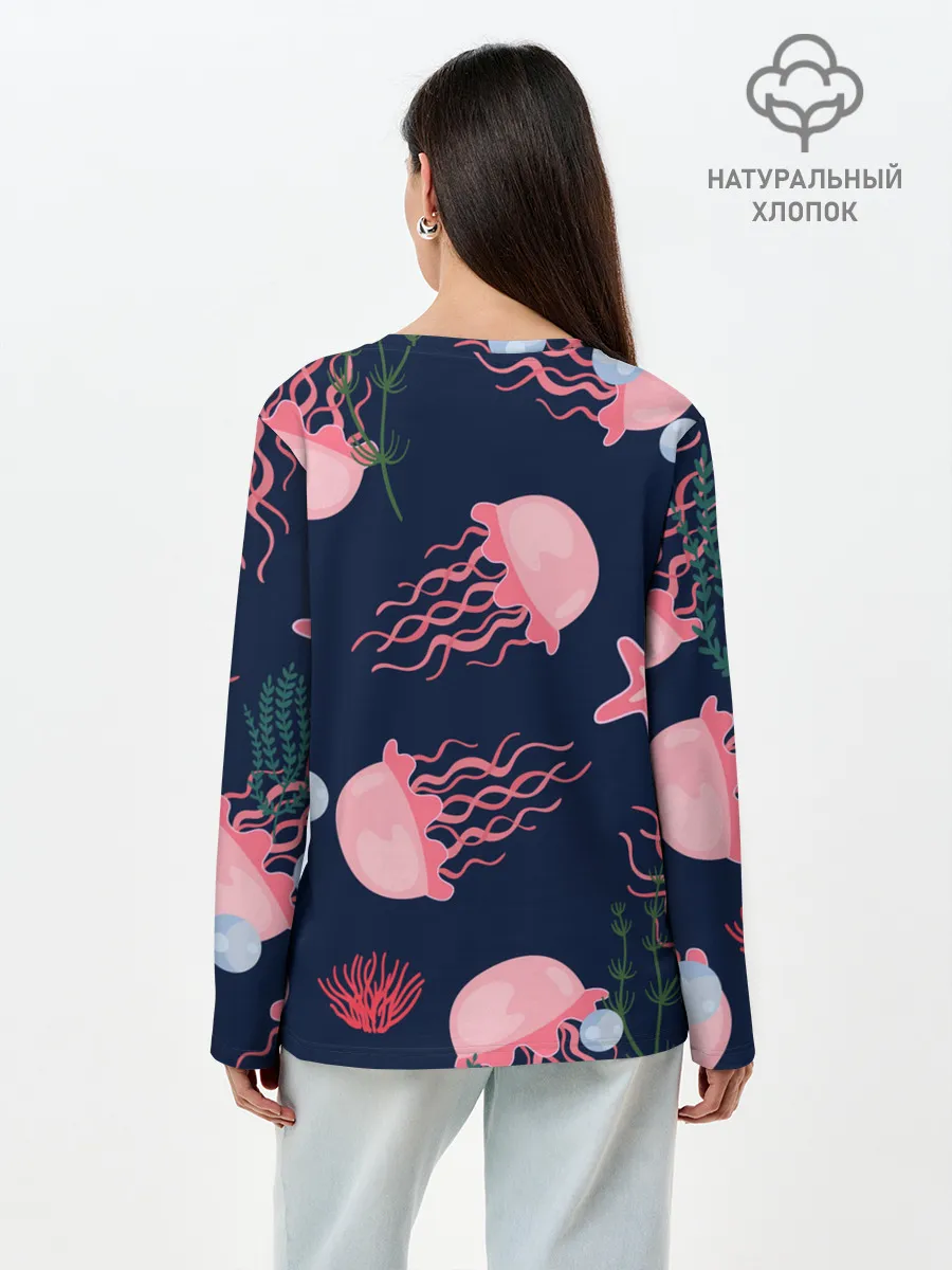 Лонгслив женский. Хлопок / розовые медузы
