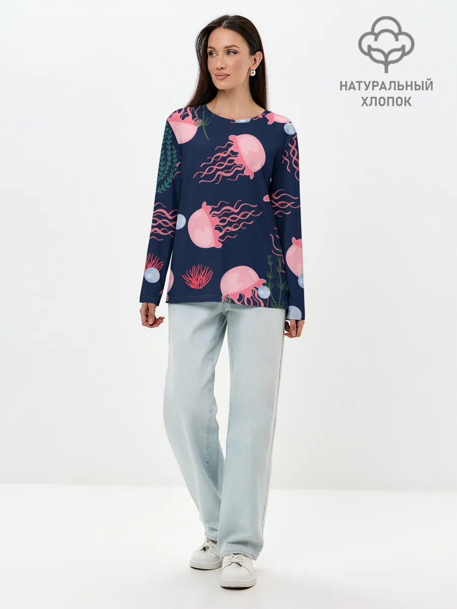 Лонгслив женский. Хлопок / розовые медузы